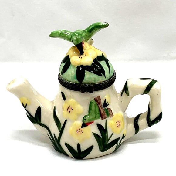 Ceramic Teapot Trinket Box Hummingbird Floral Green Yellow White - Picture 1 of 5